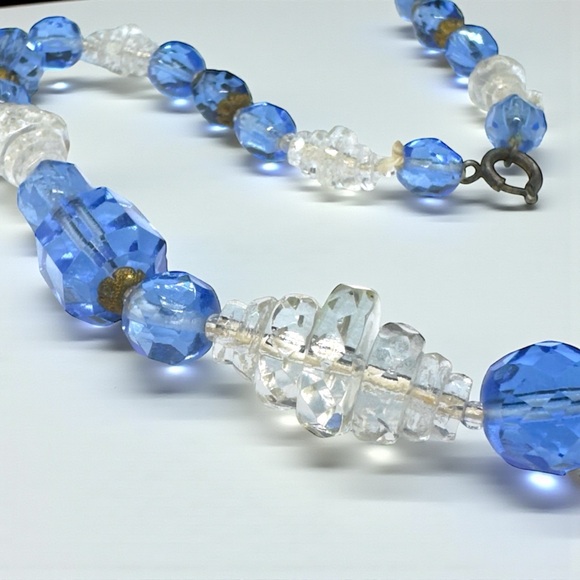 Vintage Art Deco Blue Art Glass & Rock Crystal Necklace - Picture 8 of 14